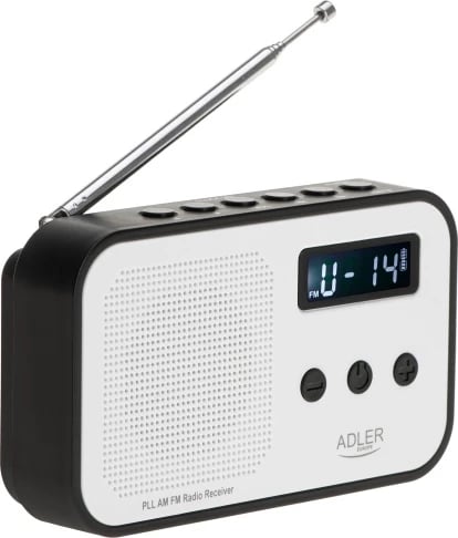 radio digjital PLL AM/FM, Adler, AD 1907, LCD, memorie 40 stacione, bateri 600 mAh, USB-C, e bardhë/zezë