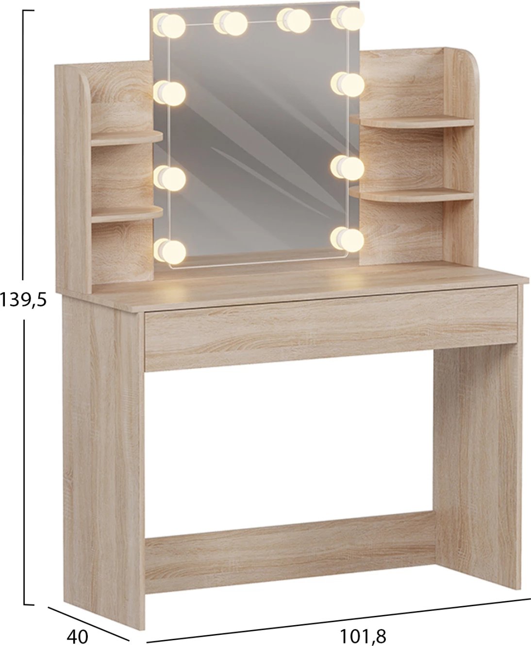 Tavolinë grimi me drita LED, rafte, sirtarë, Lauryn FH2502.01, ngjyrë sonama, 101.8x40x139.5H cm