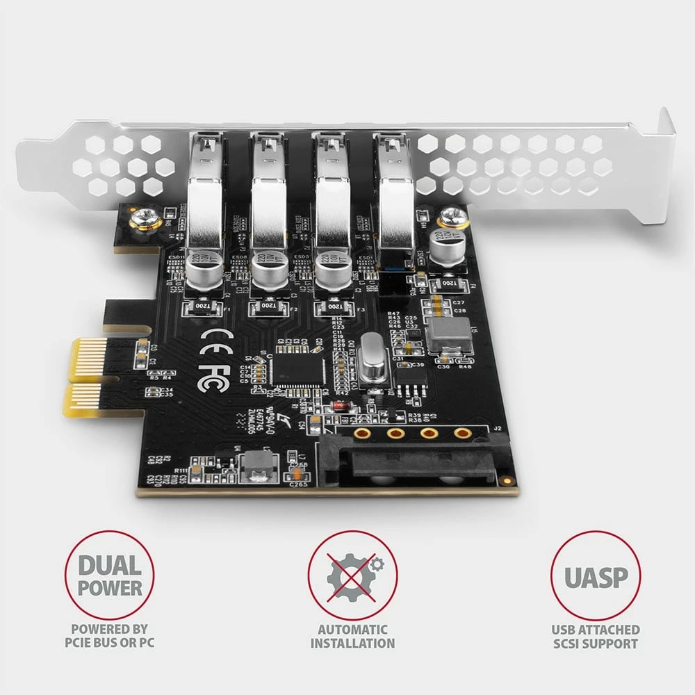 Kartë zgjerimi AXAGON PCEU-43RS, 4x USB 3.2 Gen 1, PCIe, Renesas, me furnizim SATA