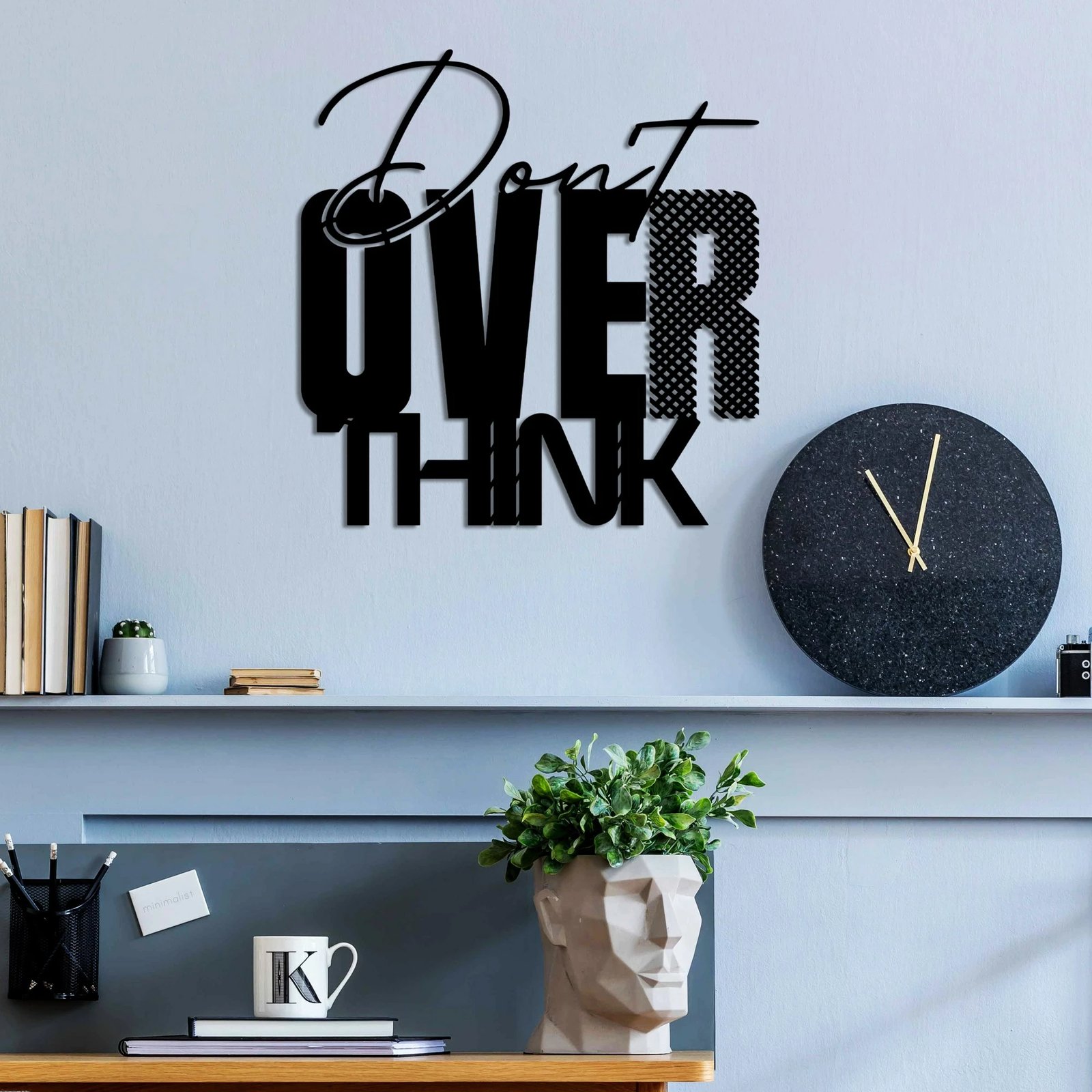 Aksesor dekorativ metalik për mur, 'Don't Overthink', ngjyrë e zezë, 52x54cm