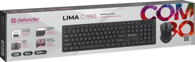 Set tastierë + maus wireless Defender LIMA C-993 RF, USB, i zi