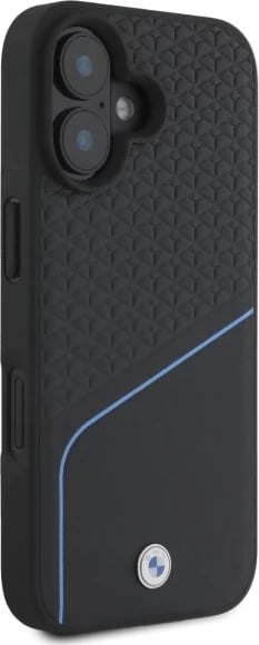 Mbështjellës BMW Sign Leather Textured And Line MagSafe për iPhone 16, Lëkurë, Zi