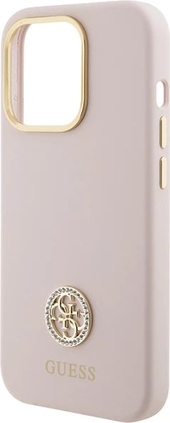 Mbështjellës Guess Silicone Logo Strass 4G për iPhone 15 Pro, rozë e çelët