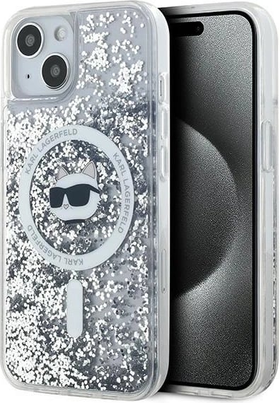 Mbështjellës Karl Lagerfeld Liquid Glitter Choupette Head MagSafe për iPhone 15 Plus / 14 Plus, Transparent