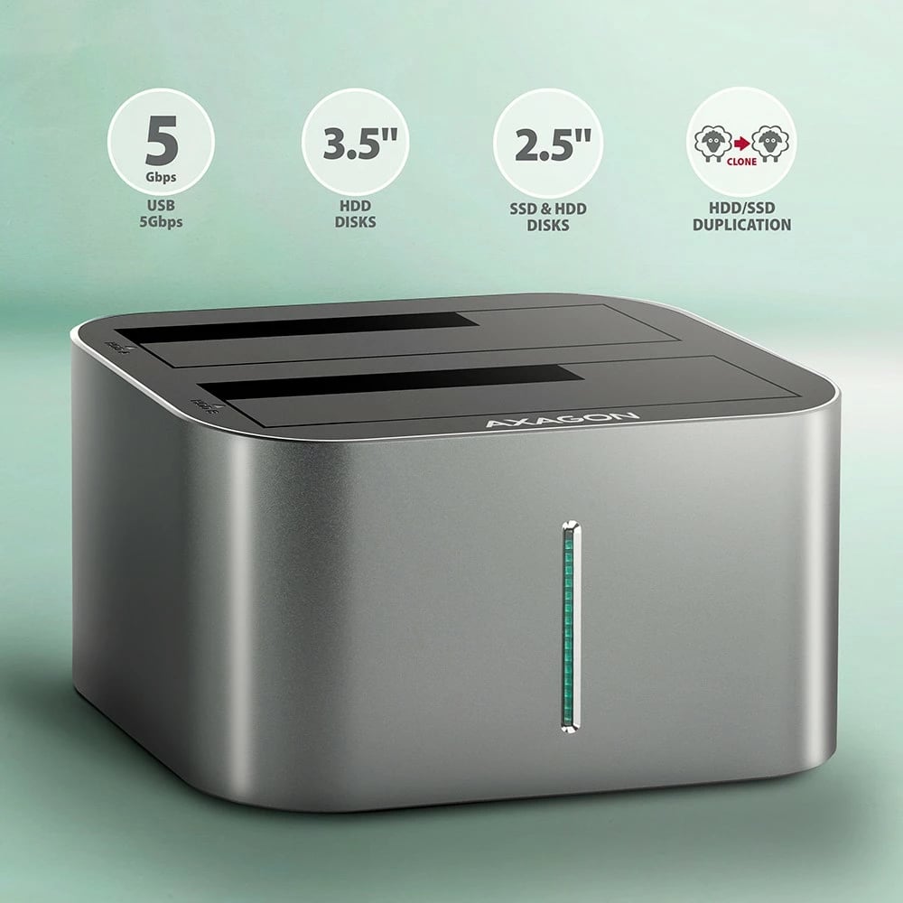 Stacion dokimi AXAGON ADSA-DC, për 2x HDD/SSD 2.5"/3.5", USB 3.2, Gri