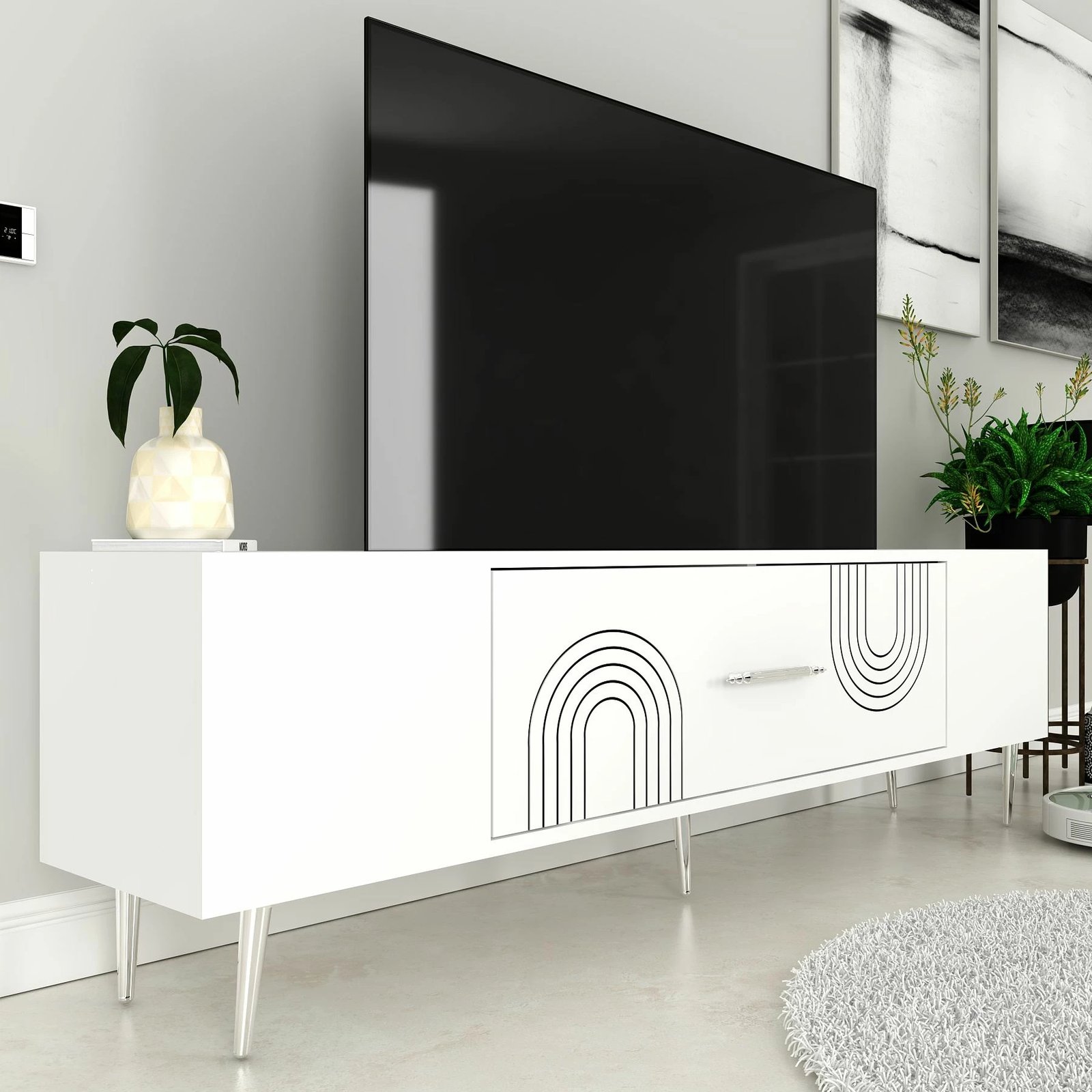 Komodë TV Skye Decor, e bardhë, argjend