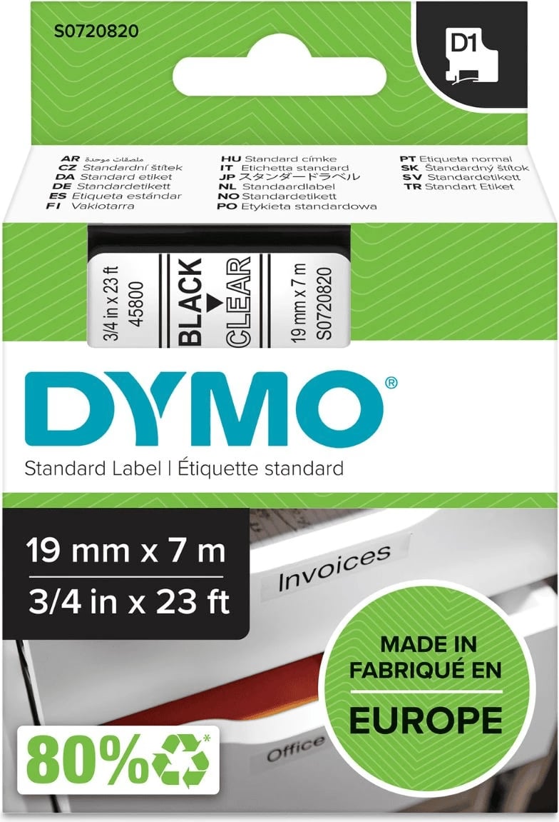 Shirit etiketues D1, Dymo, S0720820 45800, 19 mm x 7 m, i zi mbi transparent