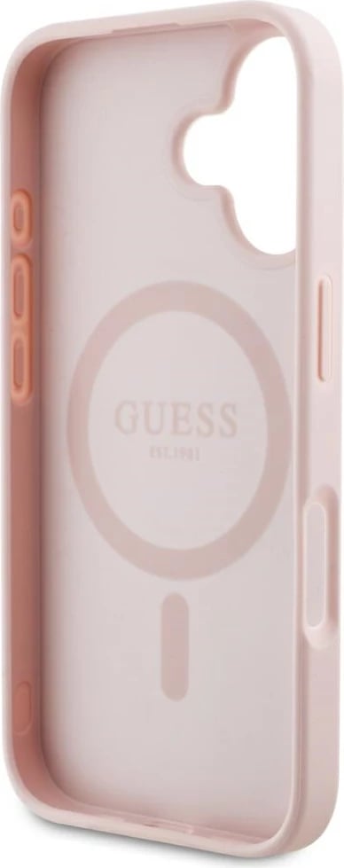 Mbështjellës Guess Grained Hot Stamp Peony Triangle Logo MagSafe për iPhone 16, Rozë