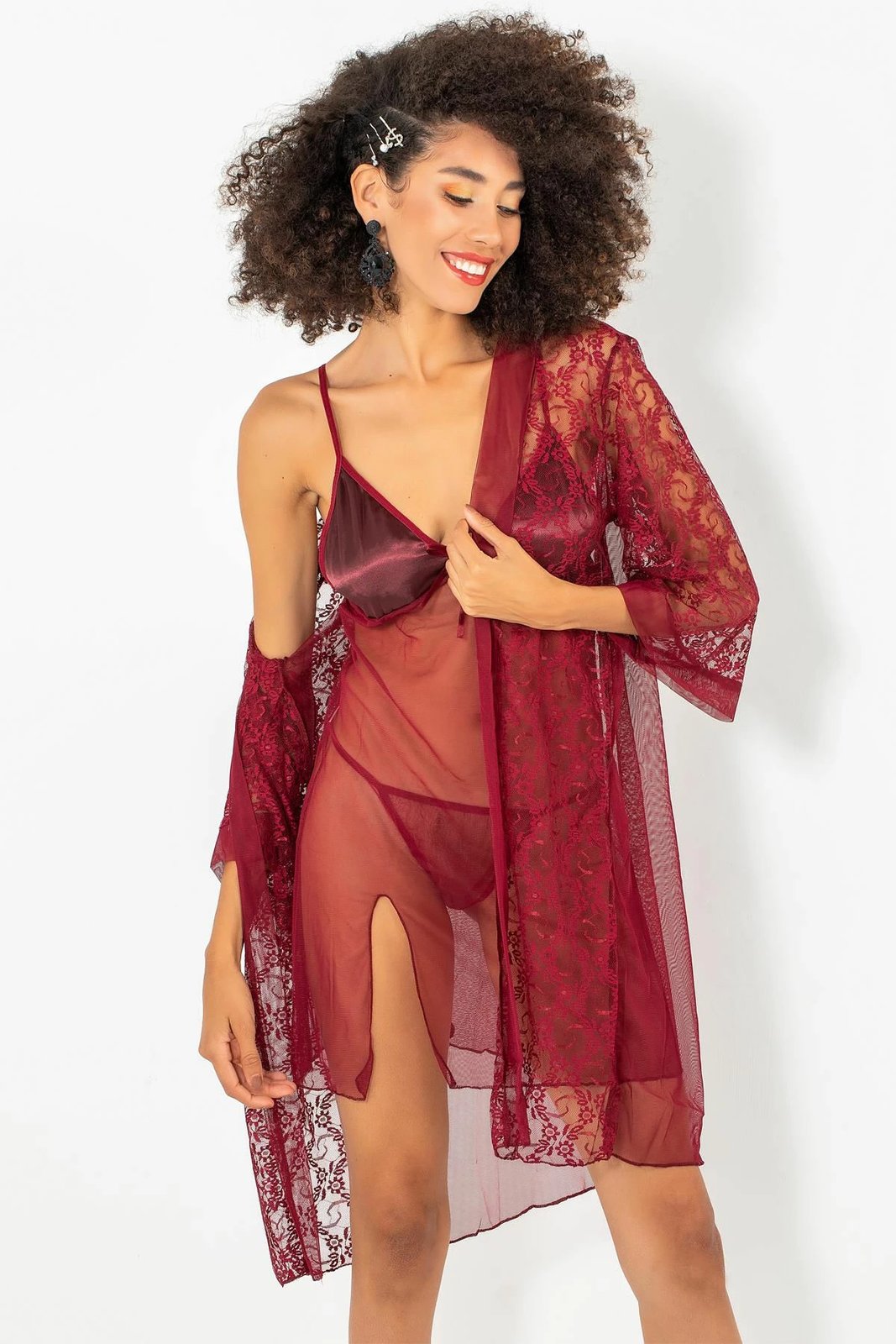 Set fustan nate me mantil mëngjesi Jumeon, ngjyrë e kuqe Claret, 011-008003