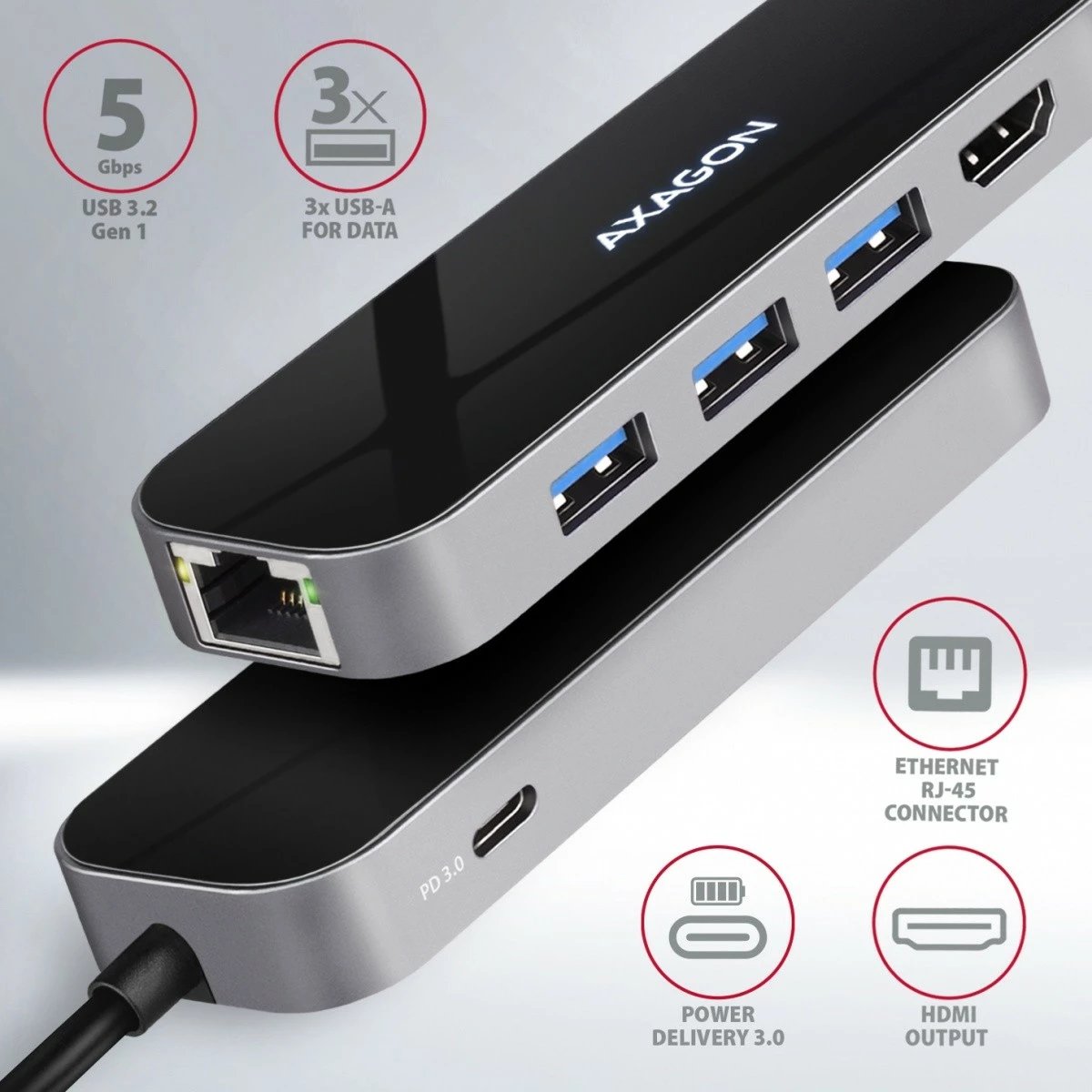 Kasë AXAGON HMC-6GL multiport USB-C 6-në-1, 3x USB-A, HDMI 4K, GLAN, PD 100W, 20cm kabllo, Gri