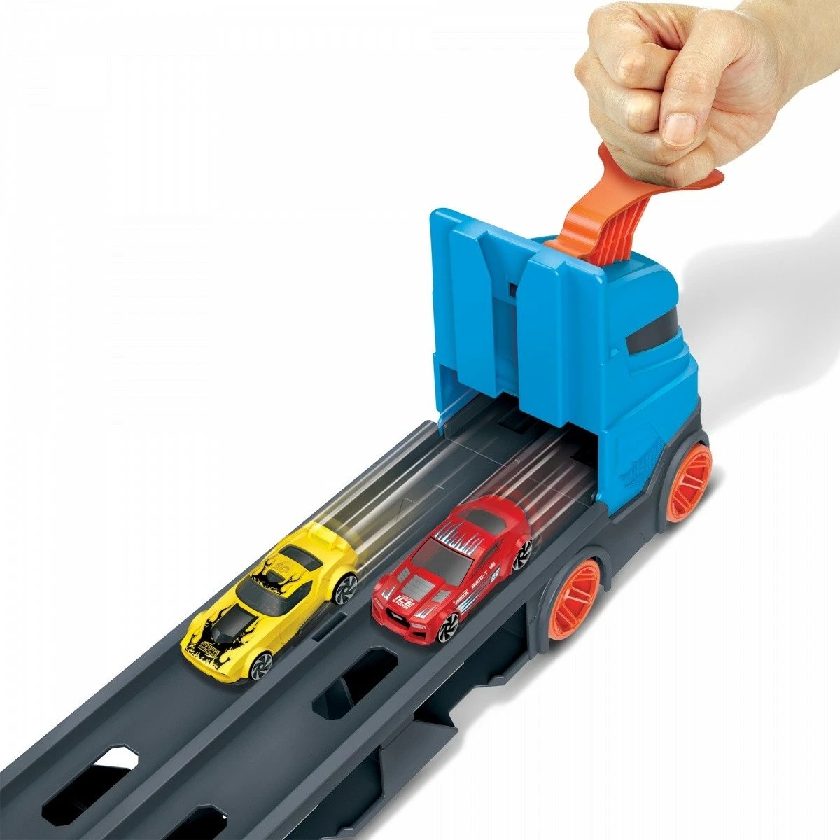Kamion lodër Hot Wheels Race Transporter 2-in-1 me 3 makina, kaltër/hiri/portokalli