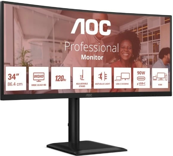 Monitor i lakuar AOC CU34E4CV 34'' WQHD 3440x1440 120Hz VA HDR10 USB-C 90W KVM HDMIx2 DP RJ45 Altoparlantë, i zi