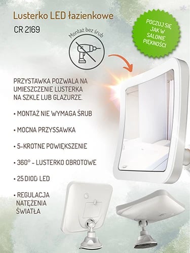 pasqyrë banjo me LED, Adler, CR 2169, 5x zmadhim, 25 LED, rrotullim 360°, montim me kupë thithëse, 16.3x16.3cm pasqyrë banjo me LED, Adler, CR 2169, 5x zmadhim, 25 LED, rrotullim 360°, montim me kupë thithëse, 16.3x16.3cm
