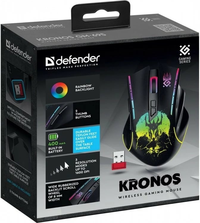 Maus gaming pa tela Defender Kronos GM-695 RF, 1000–1600 DPI, 6 butona, bateri 400 mAh, i zi