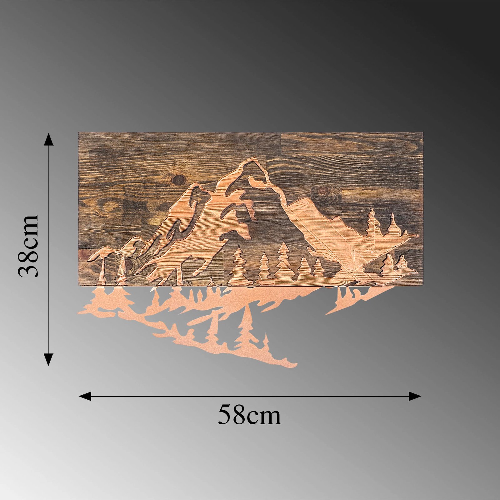 Aksesor dekorativ për mur, dru dhe metal, Wallity, Mountain v2, ngjyrë arre dhe bakri