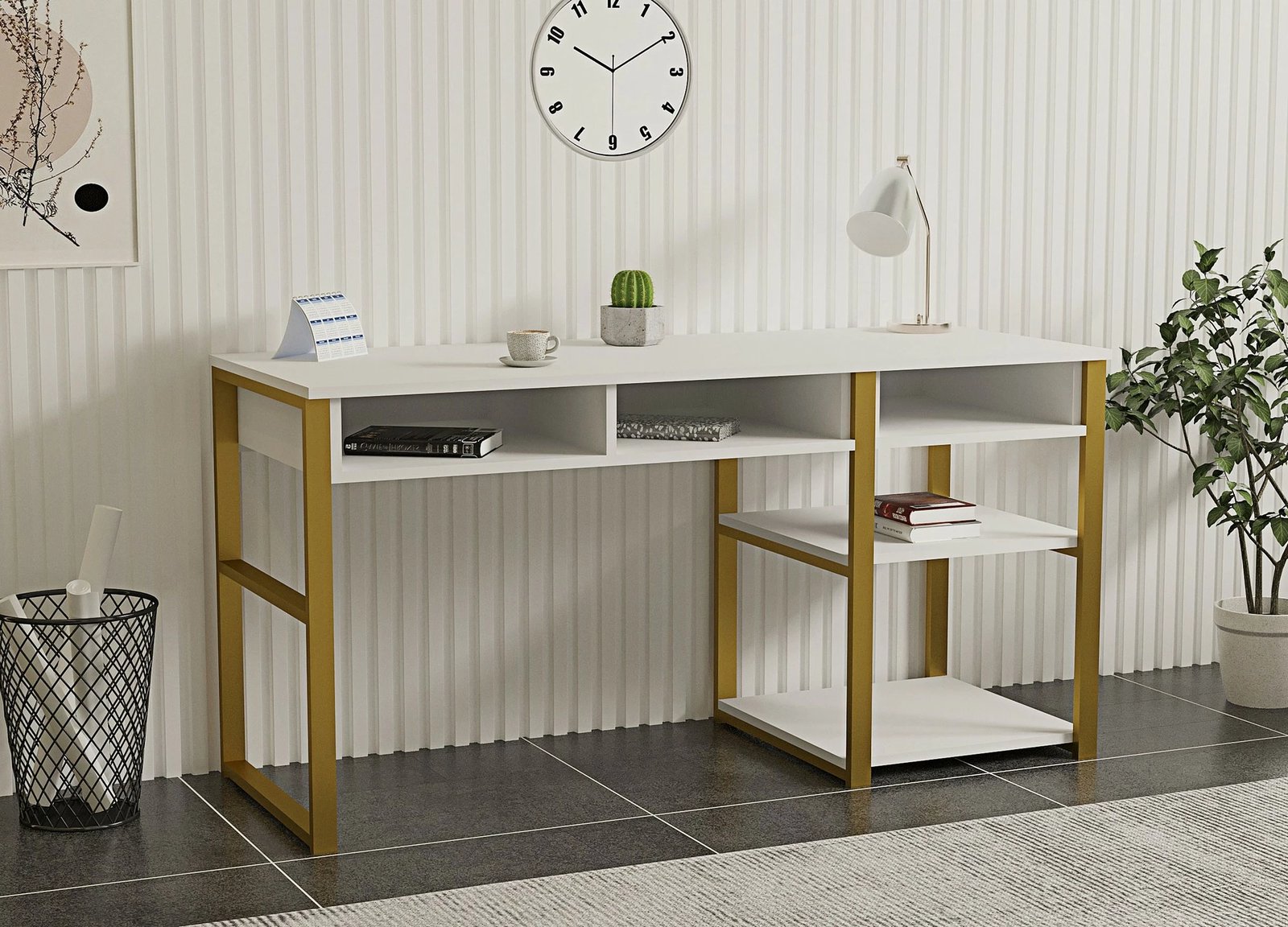 Tavolinë pune Hanah Home, Emro, e bardhë me të artë