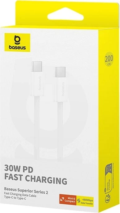Kabllo USB C në USB C Baseus Superior, 2 m, 30 W, Bardhë Kabllo USB C në USB C Baseus Superior, 2 m, 30 W, Bardhë