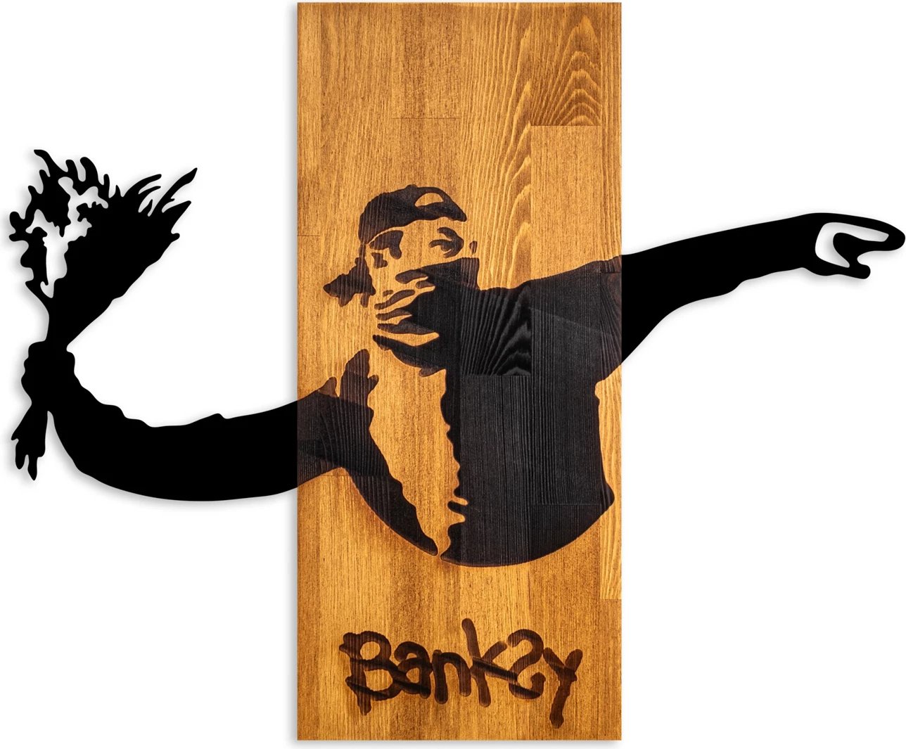 Aksesor dekorativ për mur, dru natyral, Banksy - Flower Thrower, ngjyrë arre, e zezë