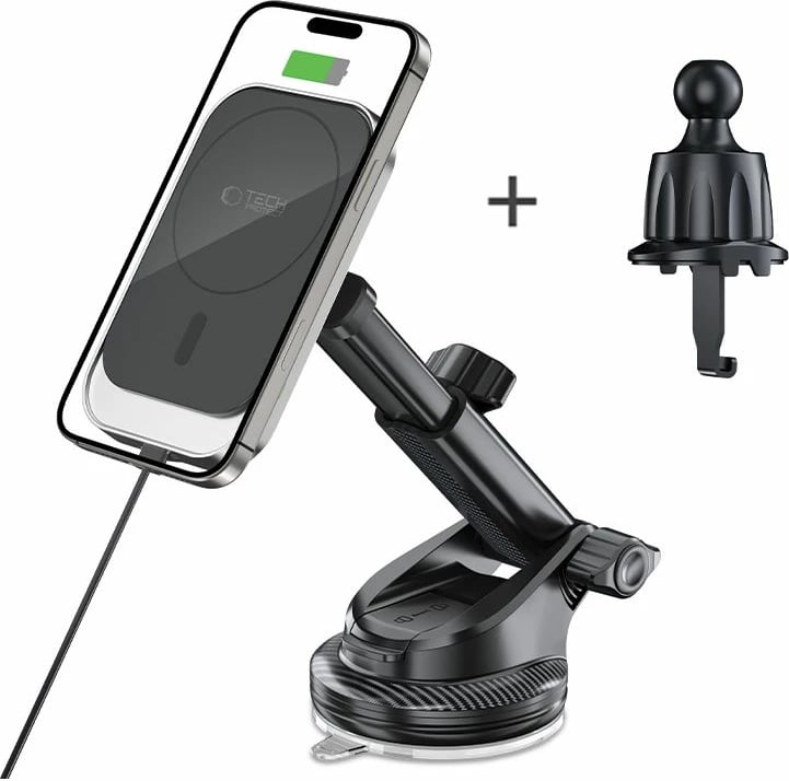 Mbajtëse magnetike për veturë Tech-Protect MM15W-V9 me MagSafe dhe karikim wireless 15W, e zezë