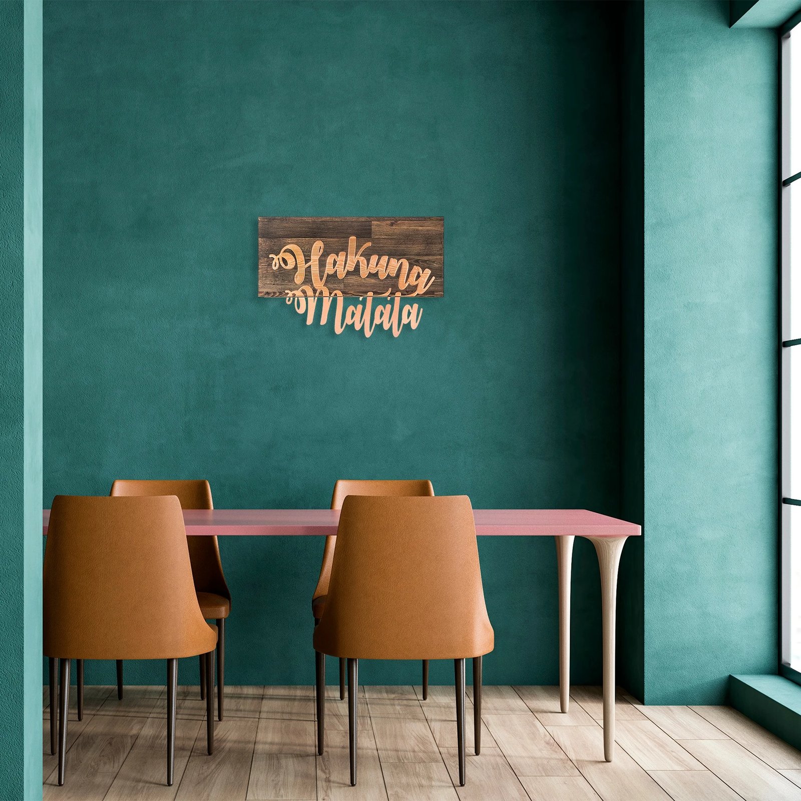 Aksesor dekorativ për mur, dru dhe metal, Hakuna Matata, ngjyrë arre-bakër