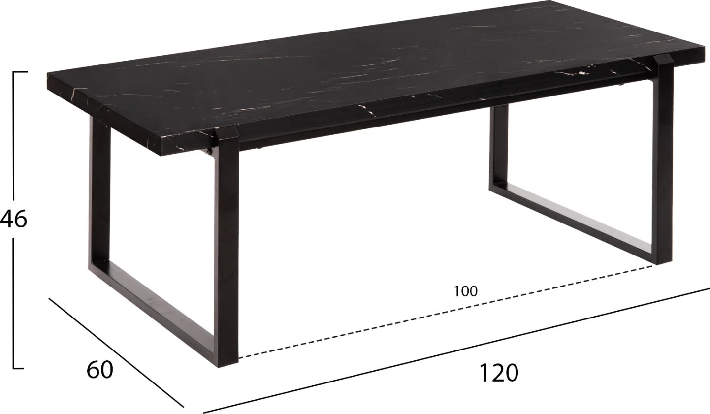 Tavolinë kafeje, FH9585.01, sipërfaqe tavoline MDF, ngjyrë mermeri të zi, bazë metalike e zezë, 120x60x46H cm