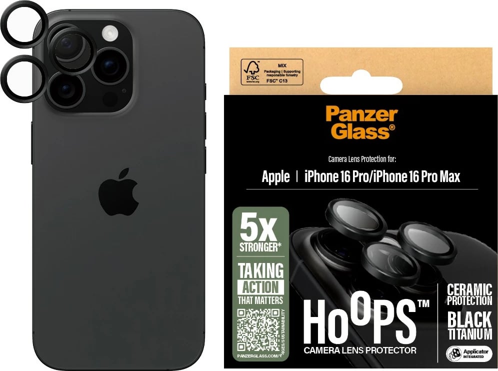 Mbrojtës lente PanzerGlass Hoops Ceramic për iPhone 16 Pro/16 Pro Max, i zi
