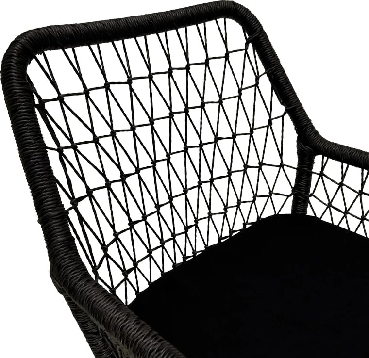 Karrige me krahë Elaiza dru teak dhe litar sintetik, ngjyrë natyrale-e zezë, me jastëk, 58x60x90cm