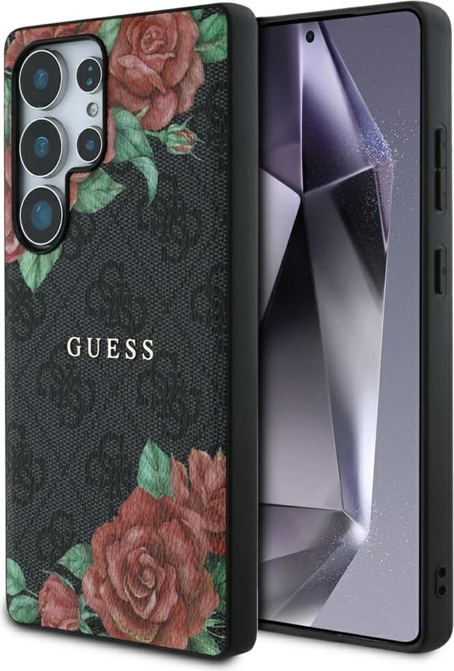 Mbështjellës Guess Leather 4G Flowers Print Metal Classic Logo MagSafe për Samsung Galaxy S25 Ultra, Zi