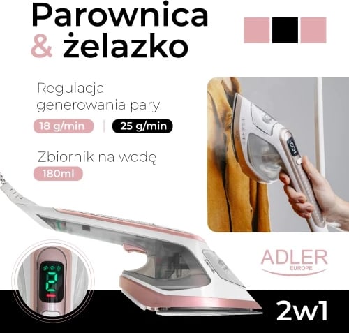 Hekur me avull 2 në 1, Adler AD 5044, 1800W, 180 ml, ngrohje 20 s, pllakë qeramike, LED, përdorim horizontal/vertikal, e bardhë/ari
