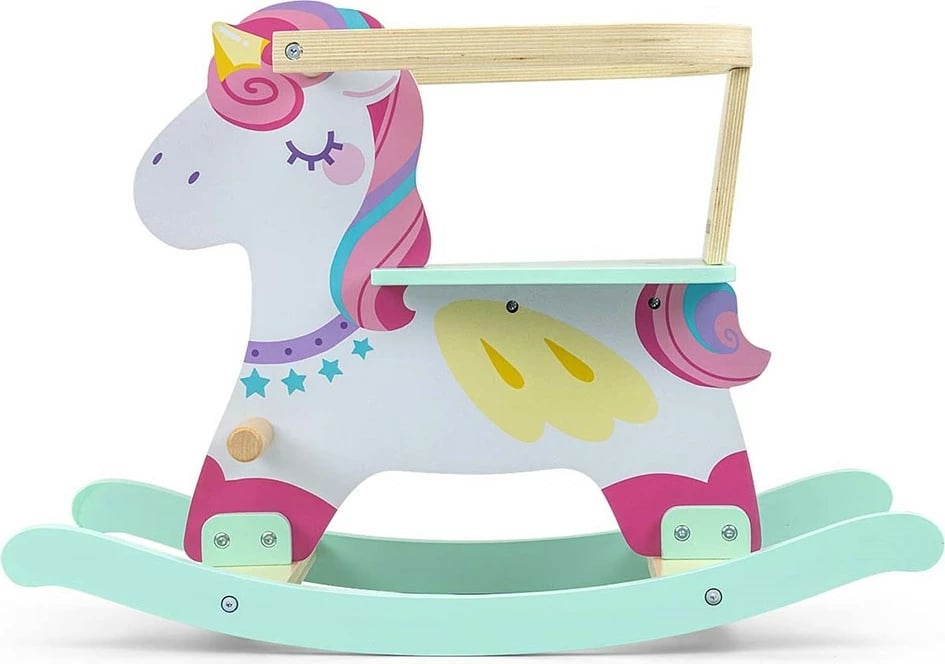 Kalë lëkundës druri, Milly Mally, Lucky 12 Unicorn, me mbrojtëse rrethuese dhe mbështetëse, për 12–36 muaj, deri 25 kg, rozë