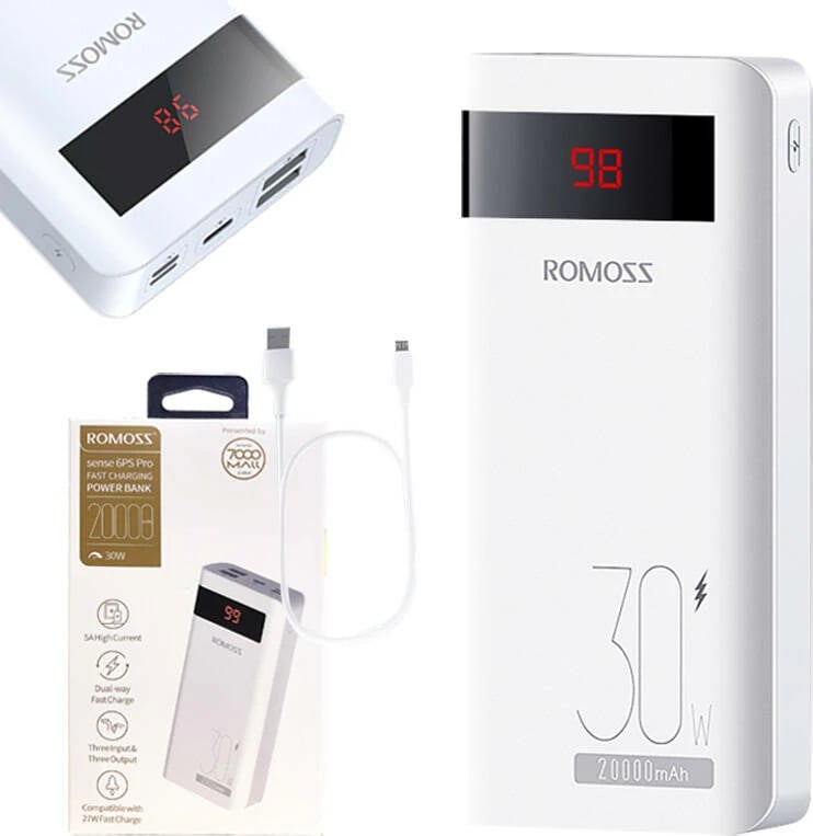 Powerbank Romoss Sense6PS Pro 20000mAh 30W, e bardhë