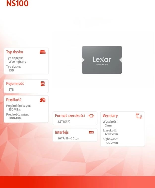 SSD Lexar NS100, 2TB, 2.5 inç, SATA III, Gri