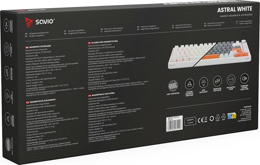 Tastierë mekanike magnetike Savio ASTRAL WHITE Jade 82-taste RGB USB-C QWERTY EN e bardhë