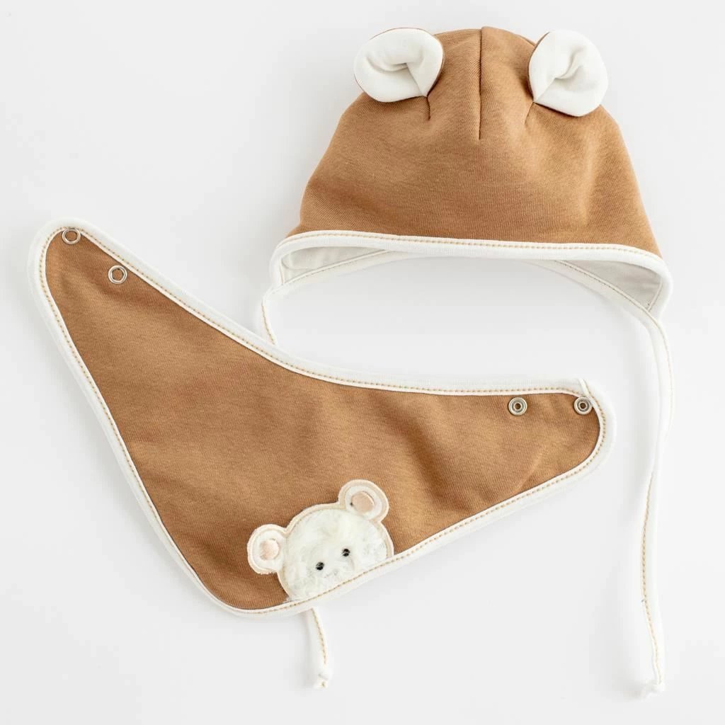 set kapelë me shall qafe për bebe, New Baby Sebastian, madhësi 62 (3-6m), pambuk 95% me elastan, kafe, set 2 copë