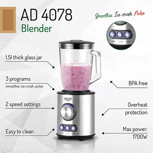 Blender, Adler AD 4078, 1.5L gotë qelqi, 800W nominal 1700W max, 2 shpejtësi, programe smoothie/ice crush/pulse, trup inoks