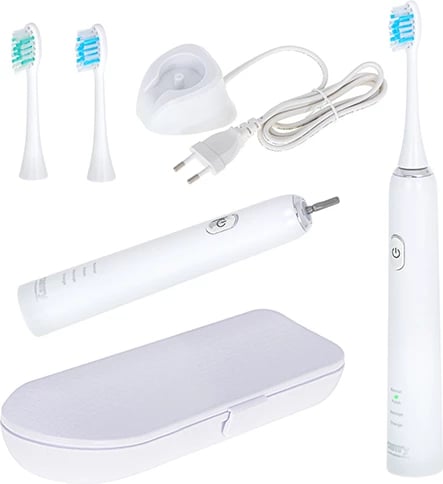 Furçë dhëmbësh sonike, Adler CR 2173, 48,000 vpm, 3 moda, IPX7, 180 min bateri, e bardhë, set me 2 koka + kuti udhëtimi