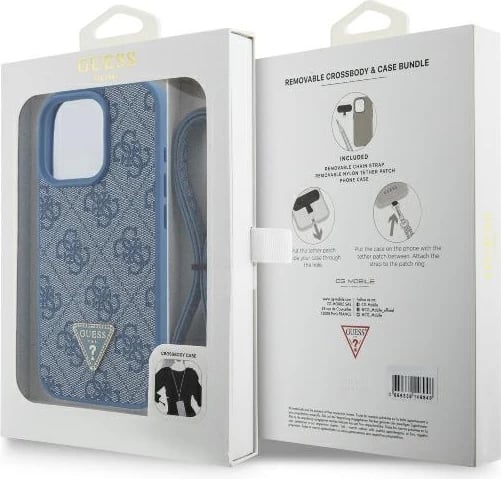 Mbështjellës Guess Crossbody 4G Metal Logo për iPhone 16 Pro, Blu