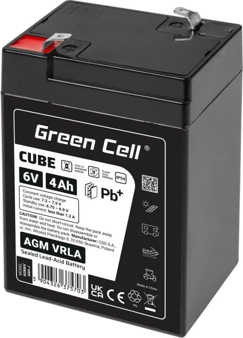 Bateri AGM VRLA, Green Cell, AGM6V4AH-J, 6V 4Ah, IP54, 101x70x47 mm, e zezë
