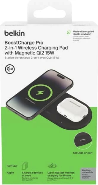 Karikues wireless Belkin BoostCharge Pro Qi2 15W Dual Charger, i zi
