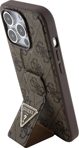Mbështjellës Guess Grip Stand 4G Triangle Strass për iPhone 15 Pro Max, kafe