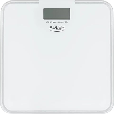 peshore banjoje Adler AD 8183 180 kg ekran LCD me ndriçim blu platformë qelqi njësi kg/lb/st e bardhë
