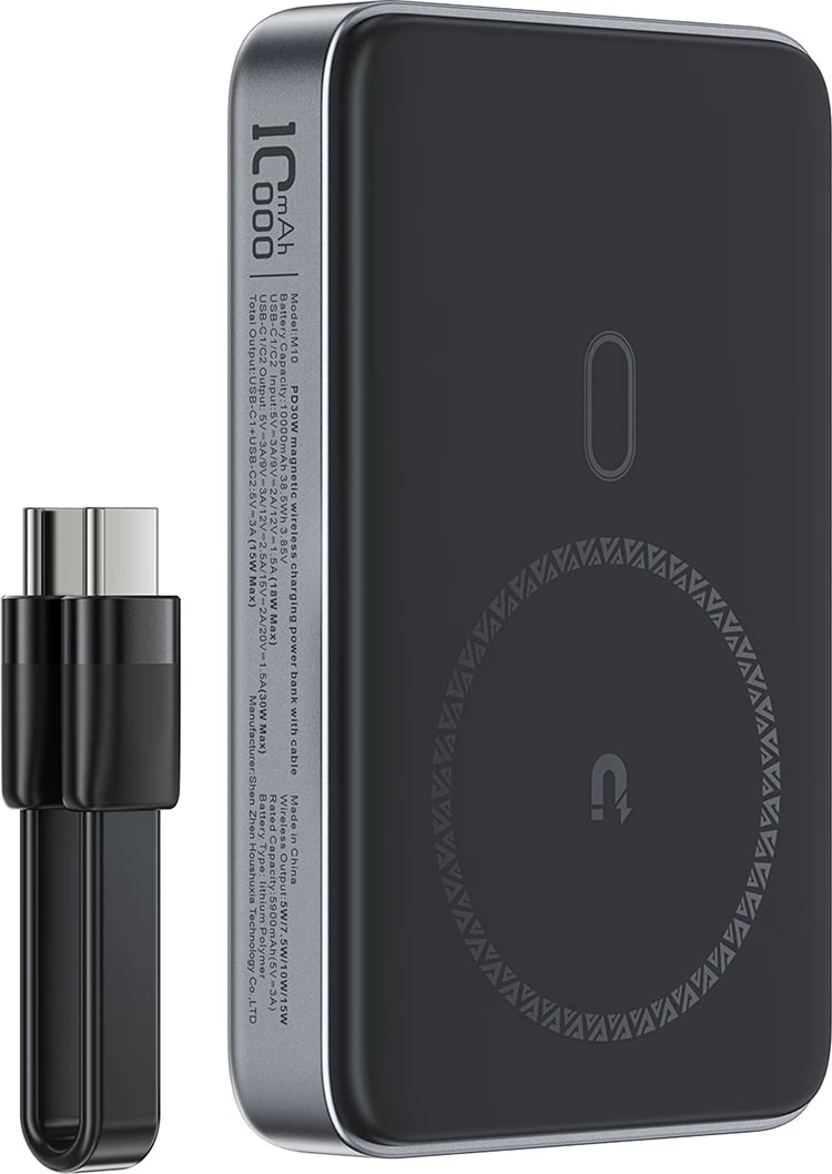 Powerbank Acefast M10, 10000 mAh, 2x USB-C PD 30W, karikim me valë 15W, me kabllo, e zezë