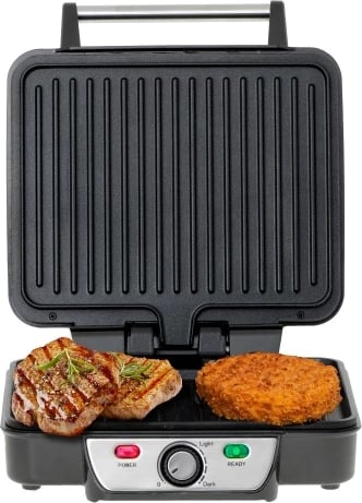 Grill elektrik kontakt 2-në-1, Mesko MS 3050, 2500W max, pllaka 28x23 cm, hapje 180°, kontroll temperature, veshje jo‑ngjitëse, me tabakë piku dhe spatulë