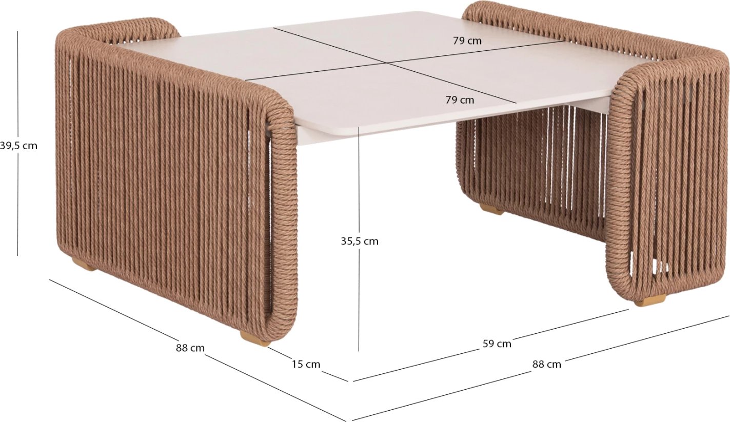Tavolinë kafeje katrore alumini, litar bezh, sipërfaqe gur sintetik, 88x88x39.5cm, Destiny CD6171