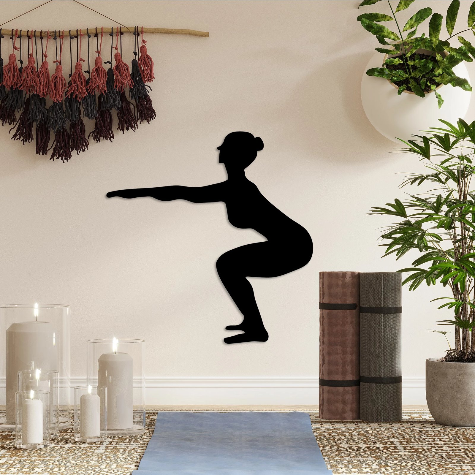 Aksesor dekorativ metalik për mur, Wallity, Yoga 27, ngjyrë e zezë, 54x55cm