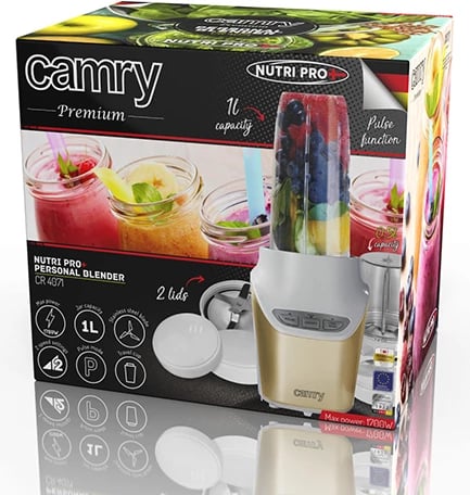 Blender personal, Adler Camry CR 4071, 1000–1700W, 1L + 0.5L, 2 shpejtësi, Pulse, i bardhë/bezhë, set me 2 gota