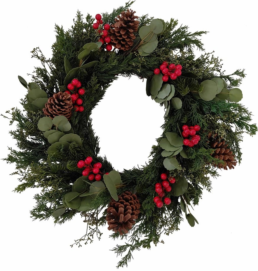 Kurorë Krishtlindjesh me manaferra të kuqe dhe mistletoe, 75x75cm, jeshile-kuqe