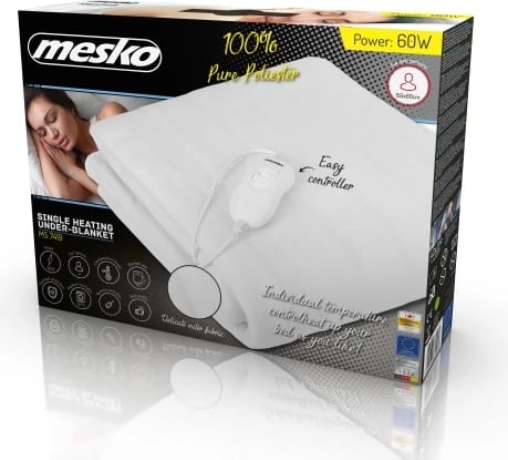 nën-batanije elektrike, Mesko, MS 7419, 150x80 cm për një person, 60W, 4 nivele, kabllo e shkëputshme dhe larje 30°C, mbrojtje nga mbinxehja, e bardhë