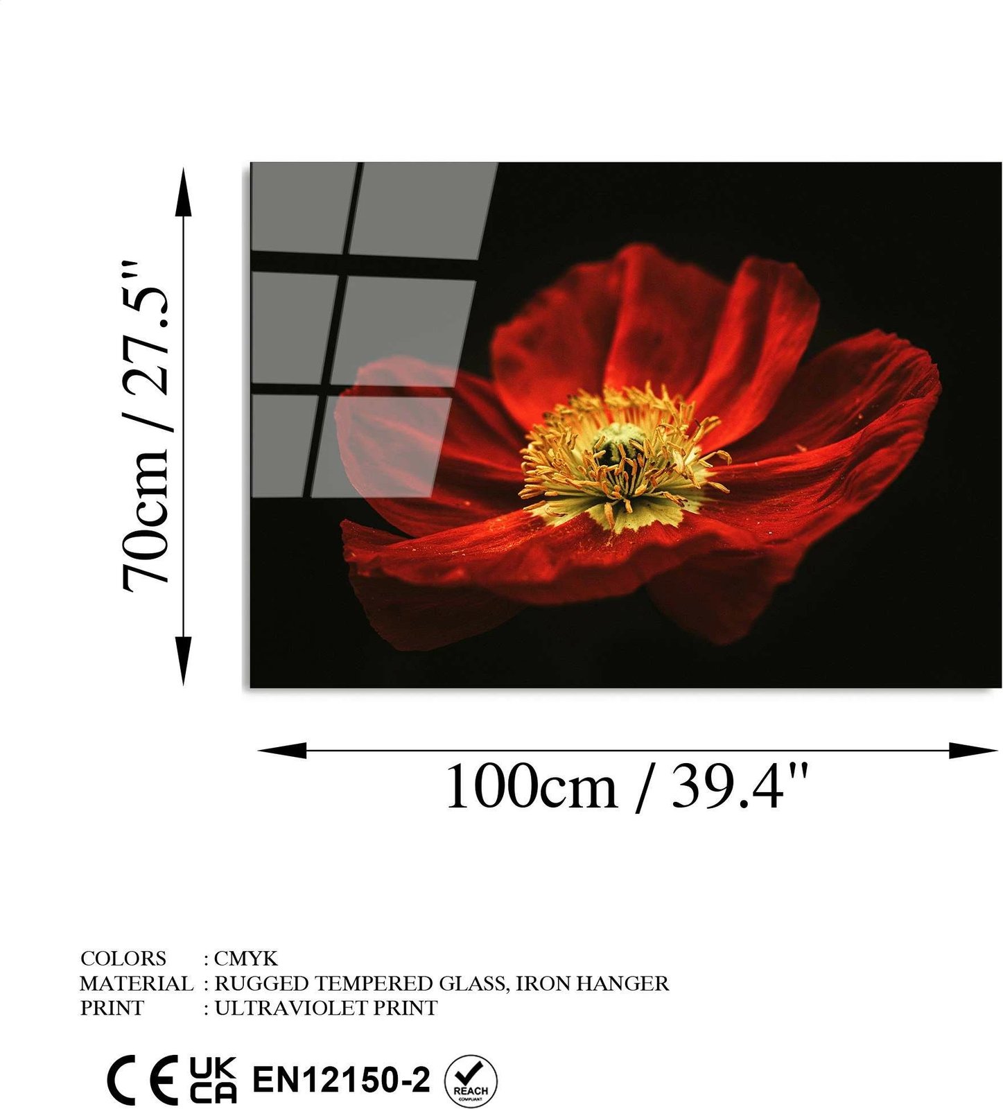 Pikturë dekorative prej xhami të temperuar, lulekuqe, UV-204, 70x100cm