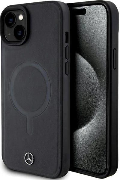 Mbështjellës Mercedes Smooth Leather MagSafe për iPhone 15 Plus, i zi